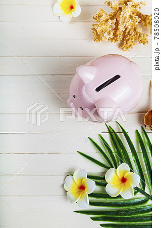 Pig piggy bank, palm leaf and seashells 78508020