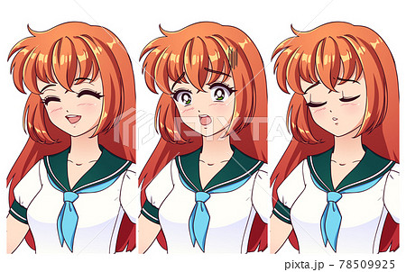 A Set of Cute Anime Girl with Different Expressions. Pink Hair, Big Green  Eyes Stock Vector - Illustration of head, design: 178762661