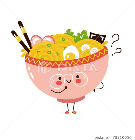 Cute funny Ramen bowl with question marks. Vector hand drawn cartoon kawaii character illustration icon. Isolated on white background. Ramen bowl think concept 78510056