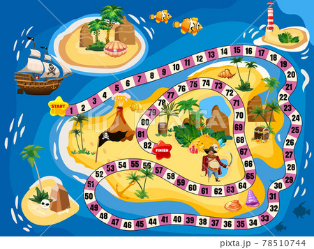 Treasure Island Pirate Board Game Map. Ocean route Travel adventure pirate naval ship, pile gold treasure, for kids. Vector illustration 78510744