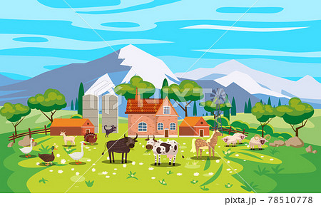 Rural Landscape Farm Scenery View Mountaines Stock Illustration