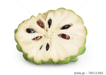 Sugar apple or custard apple half isolated on white background with clipping path and full depth of field. Exotic tropical annona or cherimoya fruit 78511465