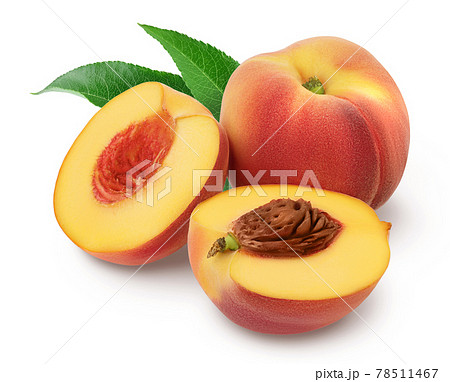 Ripe peach fruit and half isolated on white background with clipping path and full depth of field 78511467