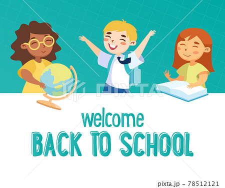 Welcome Back to School Concept. Smart Happy Kids Characters with Books and Globe, Schoolboy in Uniform with Backpack 78512121