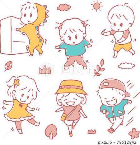 0 1歳の歩こうとする子供のかわいらしいマンガ風イラストセット 線画色ピンク 雲や草木のおまけつき のイラスト素材 0 1歳の歩こうとする子供のかわいらしいマンガ風イラストセット 線画色ピンク 雲や草木のおまけつき のイラスト素材