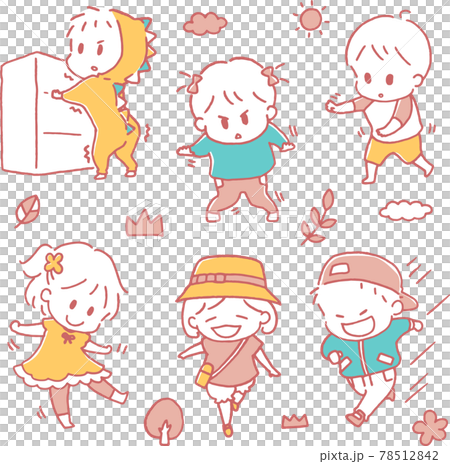 0~1歳の歩こうとする子供のかわいらしいマンガ風イラストセット(線画色ピンク/雲や草木のおまけつき) 0~1歳の歩こうとする子供のかわいらしいマンガ風イラストセット(線画色ピンク/雲や草木のおまけつき) 78512842