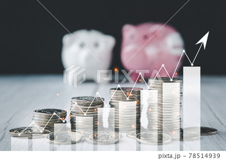 Coins stack and pink piggy with line graph business connect on black background, Money spending planning, plant growing up on coins and investment budget, business finance and saving money investment. 78514939