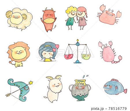 ゆるかわ12星座手描きイラスト水彩カラーのイラスト素材