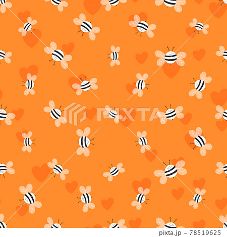 Seamless pattern with bees and hearts on color background. Small wasp. Vector illustration. Adorable cartoon character. Template design for invitation, cards, textile, fabric. Doodle style. 78519625