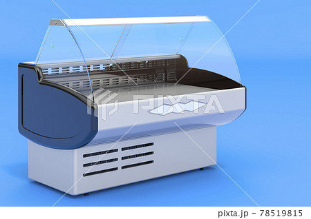 Refrigerated display case on blue backdrop, 3D rendering Refrigerated display case on blue backdrop, 3D rendering 78519815