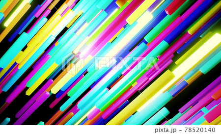 3d render. 3d abstract simple geometric background with multicolor rectangles like light elongated bulbs flashing neon lights fly in the air. Creative simple motion design bg 78520140