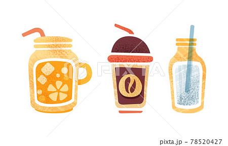 Set of Non-Alcoholic Summer Drinks, Coffee, Lemonade, Water Cartoon Vector Illustration 78520427