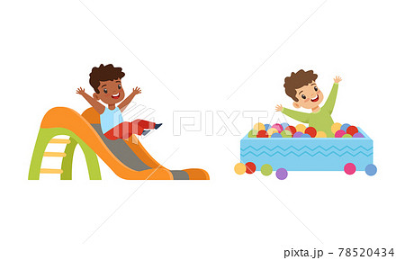 Kids Having Fun on Playground Set, Little Children Sliding Down Slide and Playing in Pool with Colorful Balls Cartoon Vector Illustration Kids Having Fun on Playground Set, Little Children Sliding Down Slide and Playing in Pool with Colorful Balls Cartoon Vector Illustration 78520434