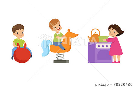Kids Having Fun on Playground Set, Little Children Bouncing on Ball, Playing Kitchen and Riding Spring Horse See Saw Cartoon Vector Illustration Kids Having Fun on Playground Set, Little Children Bouncing on Ball, Playing Kitchen and Riding Spring Horse See Saw Cartoon Vector Illustration 78520436