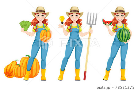 Beautiful woman farmer, set of three poses 78521275