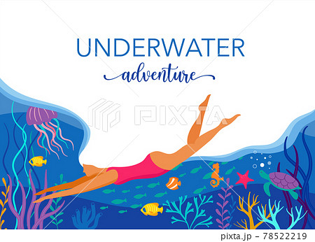 Woman diving with wild marine animals in ocean. Sea world, cute underwater creatures, coral reef 78522219