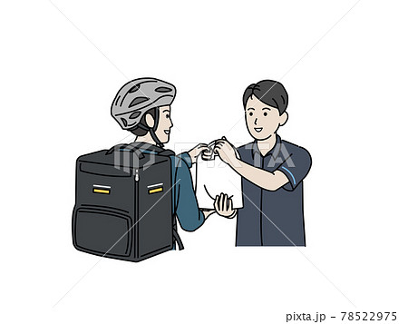 フードデリバリー 配達員 男性 荷物を渡すコンビニの店員 イラスト素材 フードデリバリー 配達員 男性 荷物を渡すコンビニの店員 イラスト素材 78522975