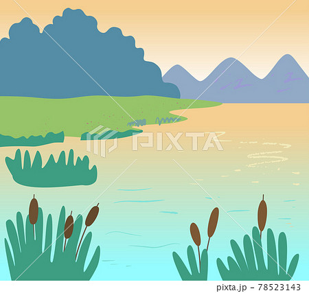 Evening minimalistic landscape with lake, mountains, coast and trees. 78523143