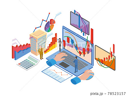 株式売買と企業分析のアイソメトリックイラストのイラスト素材