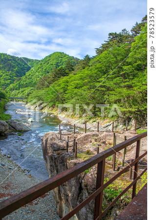 春 塩原渓谷 箒川 野立て岩周辺の景色 春 塩原渓谷 箒川 野立て岩周辺の景色 78523579
