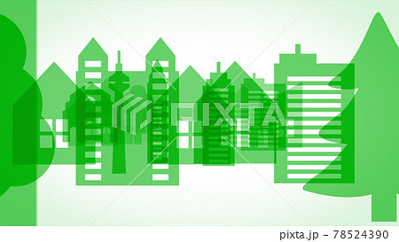 緑色の街並みシルエット背景のイラスト素材