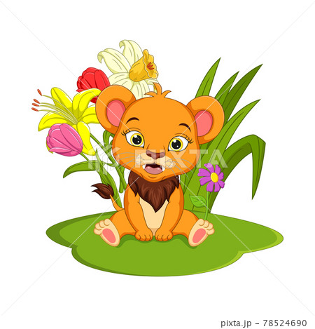 Cute baby lion cartoon sitting in the grass - Stock Illustration [78524690]  - PIXTA