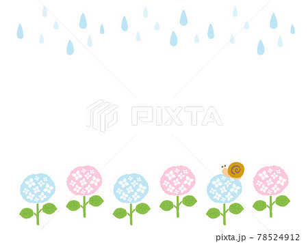 かわいい紫陽花とかたつむりと雨のフレーム アジサイ 夏 梅雨 手書きイラストのイラスト素材