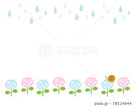 かわいい紫陽花とカタツムリと雨のフレーム アジサイ 夏 梅雨 手書きイラストのイラスト素材