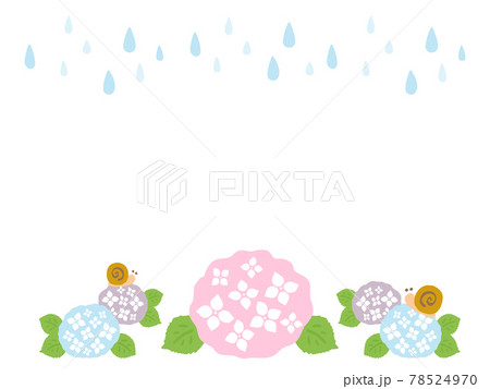 かわいい紫陽花とカタツムリと雨のフレーム アジサイ 夏 梅雨 手書きイラストのイラスト素材