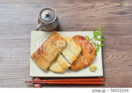 長崎県の名物、揚げ蒲鉾、練り物、郷土料理、じゃこ天、いわし天、はも天。焼きじゃこ天など。 78525234