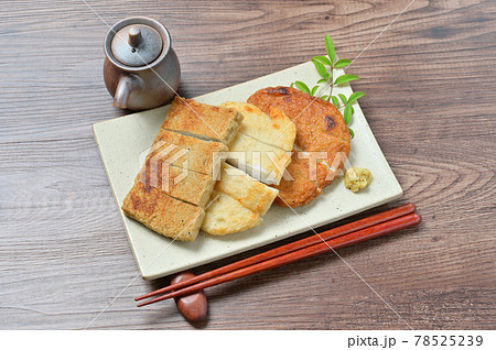 長崎県の名物、揚げ蒲鉾、練り物、郷土料理、じゃこ天、いわし天、はも天。焼きじゃこ天など。 78525239