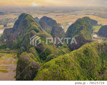 the majestic scenery on Ngo Dong river in Tam Coc Bich Dong view from drone in Ninh Binh province of Viet Nam 78525729