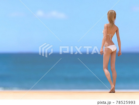 海辺の白いビキニの女性　顔なし　　perming3DCG　イラスト素材 78525993