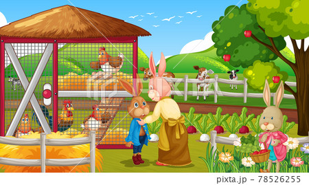 Garden scene with many rabbits cartoon character Garden scene with many rabbits cartoon character 78526255