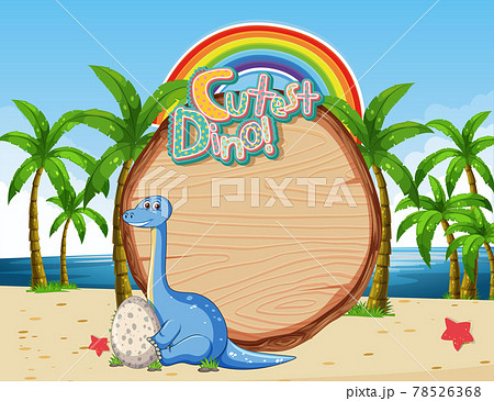 Beach scene with empty board template and cute dinosaur cartoon character 78526368
