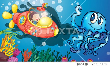 Underwater scene with happy kids in submarine exploring undersea 78526480