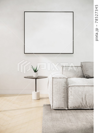Modern Japandi style living room interior design and blank picture frame on white wall, apartment and sunlight. 3d rendering 78527345