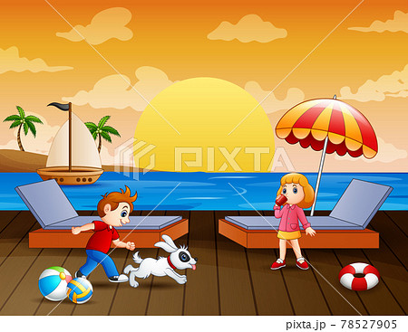 Sea landscape with boy and girl enjoying on the pier Sea landscape with boy and girl enjoying on the pier 78527905
