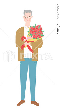 バラの花束を持った年配の男性のイラスト素材