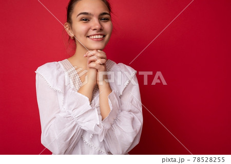 Photo portrait of beautiful happy funny young brunette woman in stylish white blouse. Sexy carefree 78528255
