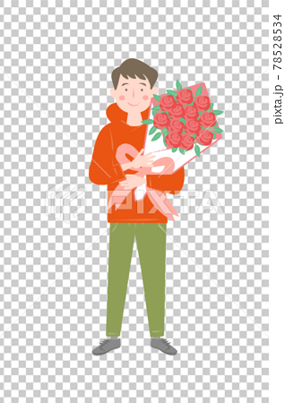 バラの花束を持った男の子のイラスト素材