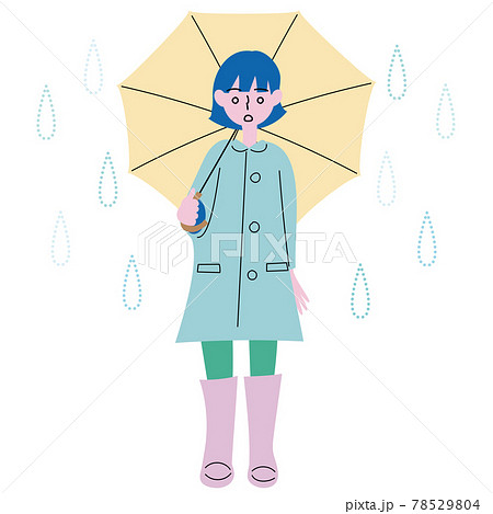 空梅雨で雨が降らない中レインコート姿で傘をさして立っている長靴を履いた女性のイラスト 78529804