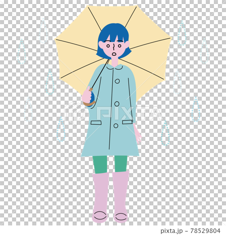 空梅雨で雨が降らない中レインコート姿で傘をさして立っている長靴を履いた女性のイラスト 78529804