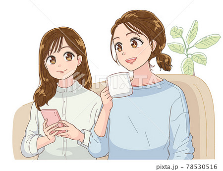 ルームシェアする若い二人の女性のイラスト素材