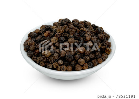 Black pepper pile or Black peppercorns seeds in ceramic bowl isolated on white background ,include clipping path Black pepper pile or Black peppercorns seeds in ceramic bowl isolated on white background ,include clipping path 78531191