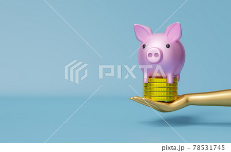 piggy bank with hands holding gold coins money in blue composition background ,Finance Investment Concept, 3d illustration or 3d render 78531745
