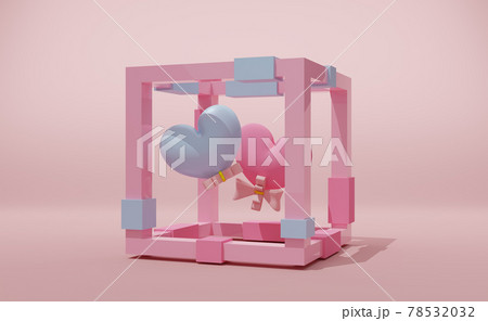 two heart shaped balloon in box with with geometric shapes in pink pastel composition valentine's day concept ,abstract background ,3d illustration or 3d render 78532032