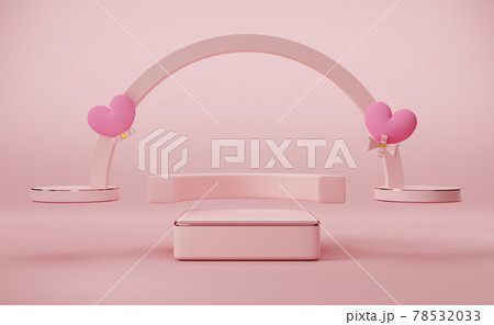 Podium empty with heart shaped balloon in pink pastel composition valentine's day concept ,abstract showcase background ,3d illustration or 3d render 78532033