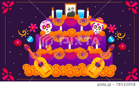 Traditional altar for dia de los muertos with musical instruments and merigolds, sugar skulls with floral elements Traditional altar for dia de los muertos with musical instruments and merigolds, sugar skulls with floral elements 78532058