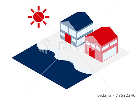 かわいいマリンテイストの海沿いのアイソメトリックな家のイラスト素材